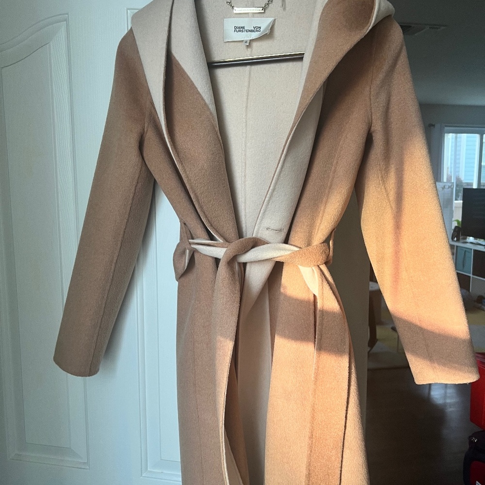 Diane Von Furstenberg camel and cream wool hooded wrap coat